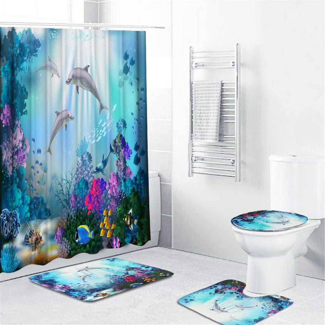 1/3/4 Pcs Sea Style Dolphin Waterproof Shower Curtain Set Toilet Cover Mat Bathroom Non-Slip Mat Pedestal Rug Kit - MRSLM
