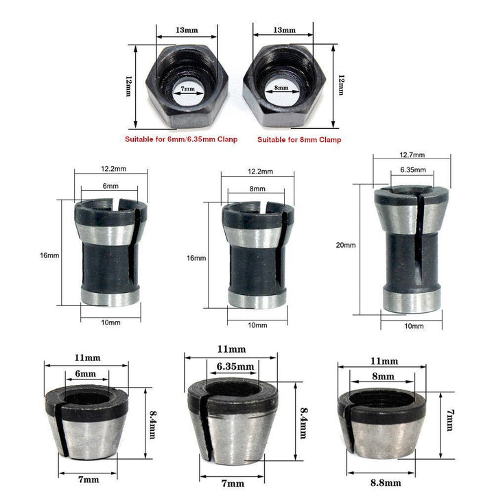 6mm/6.35mm/8mm Collet Chuck Adapter Engraving Trimming Machine Electric Router Collet Chuck For Machinery Manufacturing Woodworking Cutter - MRSLM