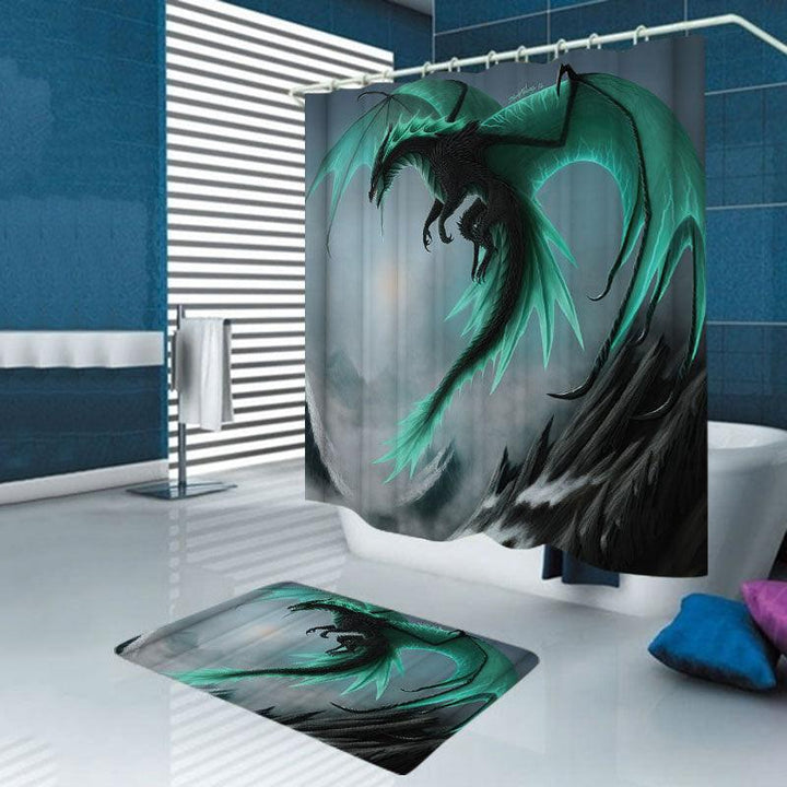 4PCS Flying Dragon Waterproof Bathroom Shower Curtain Toilet Cover Bath Mat Non-Slip Rug Set with 12 Hooks - MRSLM