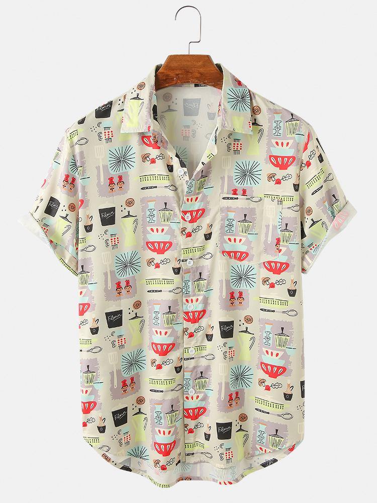 Mens Cartoon Container Print Turn Down Collar Short Sleeve Shirts - MRSLM