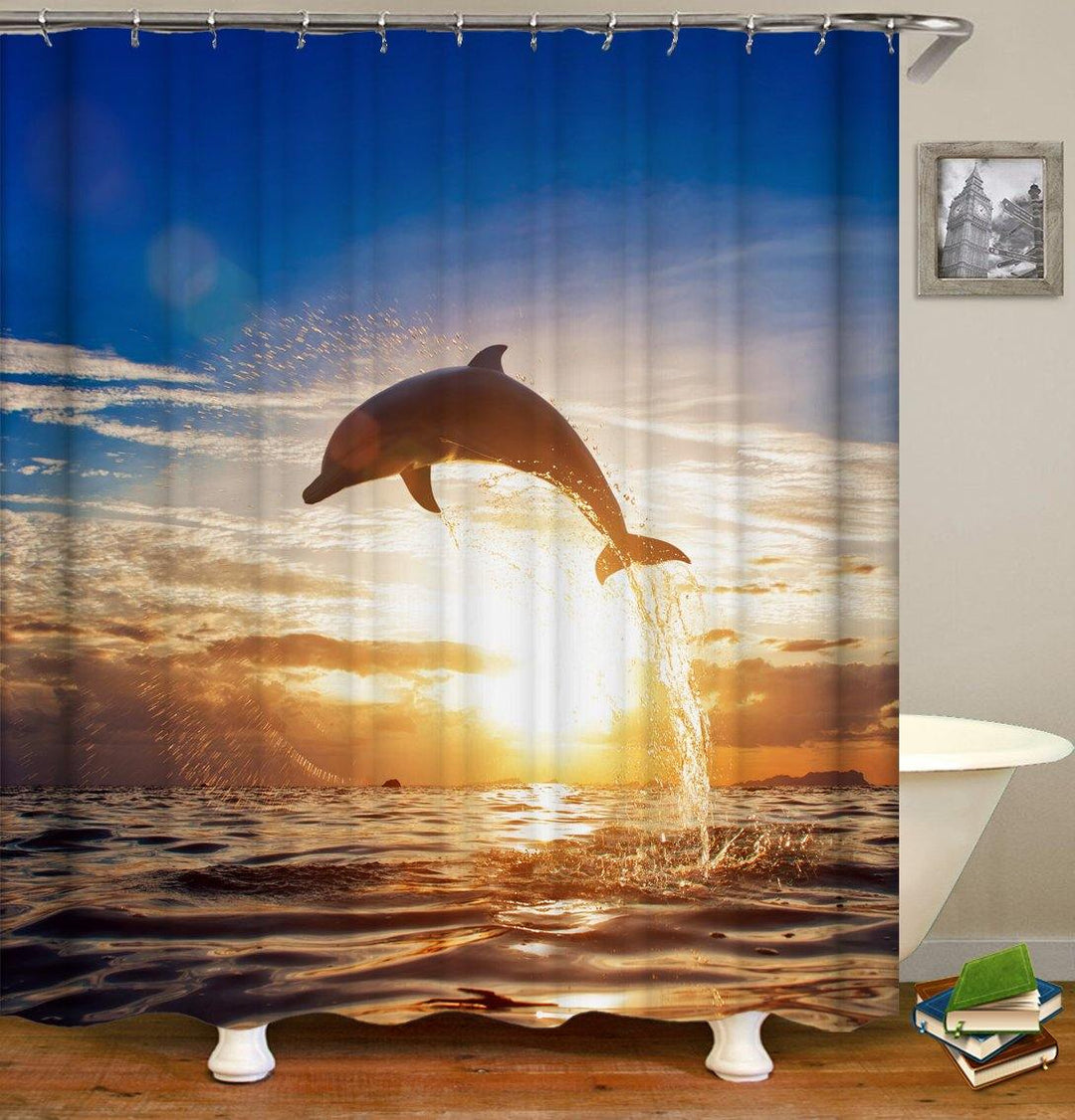 Dolphin Pattern Shower Curtain Waterproof Fabric Bath Accessory 3D Printing Ocean Curtain for Bathroom Green - MRSLM