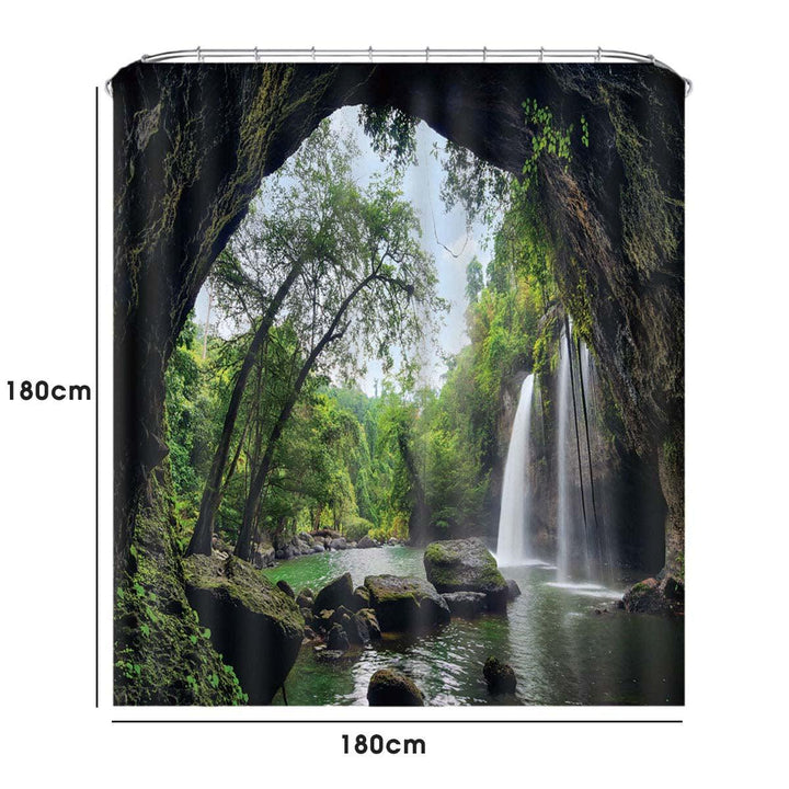 Natural Waterfall Shower Curtain Home Carpet Bathroom Decor Toilet Seat Cover Pedestal Bath Mat Rugs Set - MRSLM