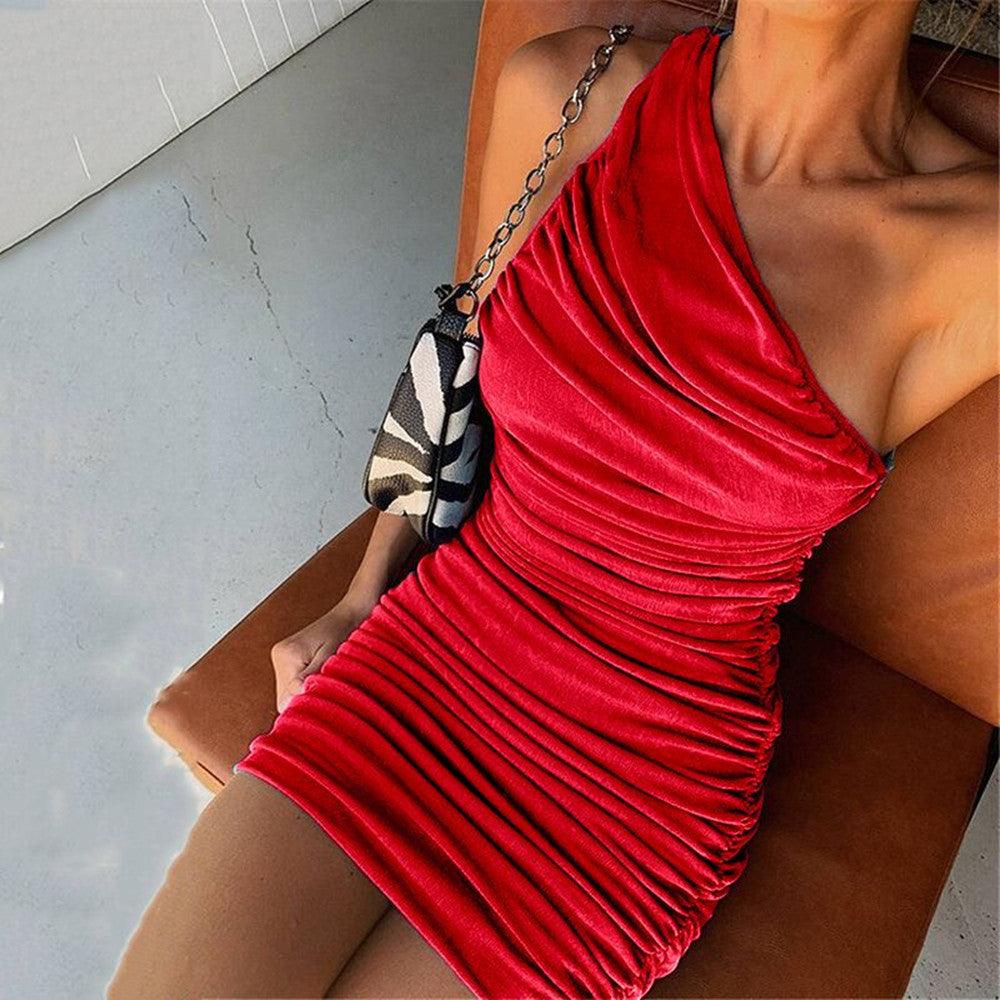 Women's Solid Color Sexy Trendy Oblique Shoulder Pleated Dress Bag Hip Skirt - MRSLM