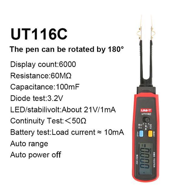 UNI-T SMD Multimeter UT116A UT116C Auto Range Resistance Capacitance Diode(RCD) LED Zener DCV Continuity Battery Tester Meter - MRSLM