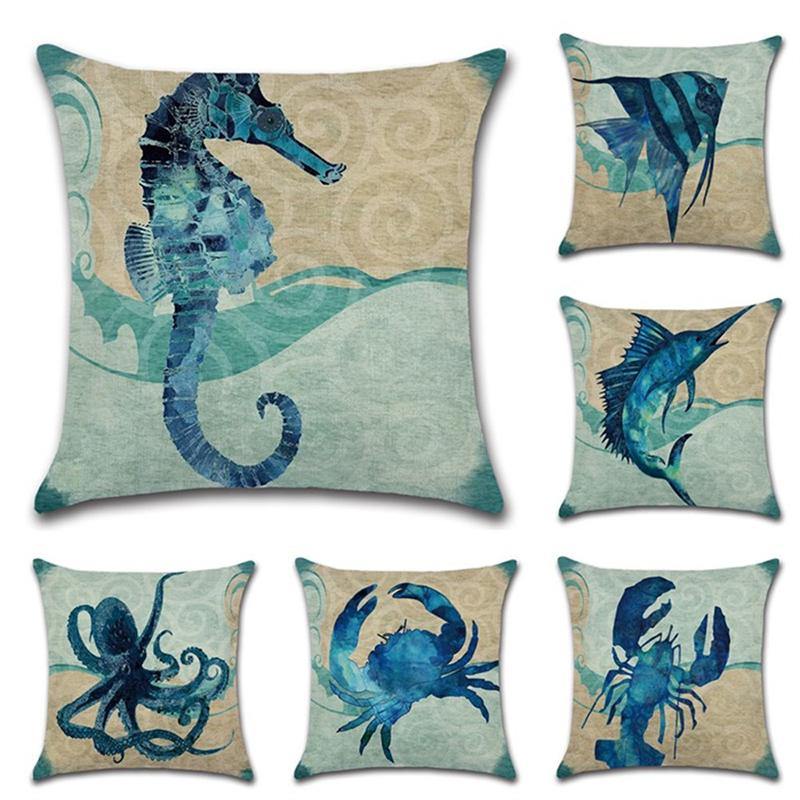 Ocean Octopus Sea House Crab Printed Cotton Linen Cushion Cover Square Sofa Car Decor Pillow Case - MRSLM