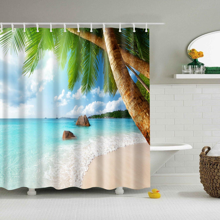 Bathroom Shower Curtain Washroom Tropical Beach Palm Trees 12 Hooks 180*180CM - MRSLM