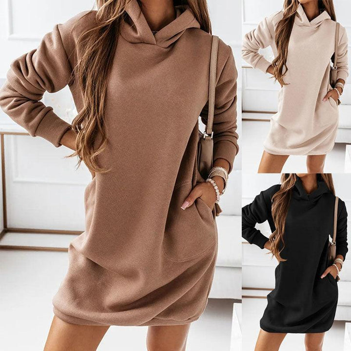 Fashion Hooded Long-sleeved Solid Color Women's Dress - MRSLM