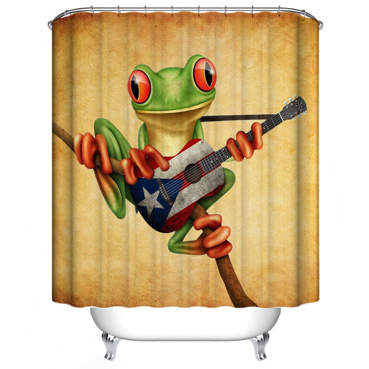 Frog Playing Guitar Bathroom Shower Curtain Anti-skid Bath Carpet Rugs Toilet Seat Cover Bath Mat Set - MRSLM