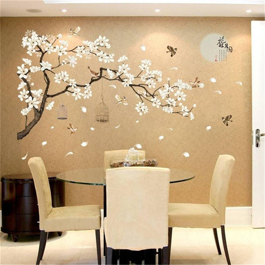 Chinese Style Flower Tree Bird Cage Wall Sticker Removable DIY Background - MRSLM