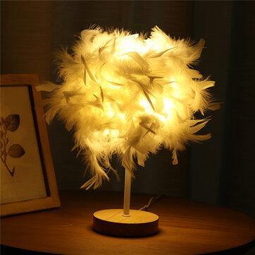 USB Modern White Feather Shade Table Lamp Lampshade Elegant Bedside Desk Night Light Home Bedroom Decor - MRSLM