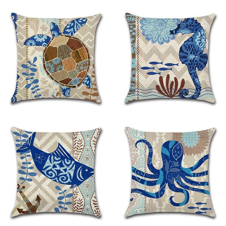 Sea Creature Turtle Fish Sea Horse Square Cotton Linen Cushion Cover Home Decor 4 Styles Pillow Case - MRSLM