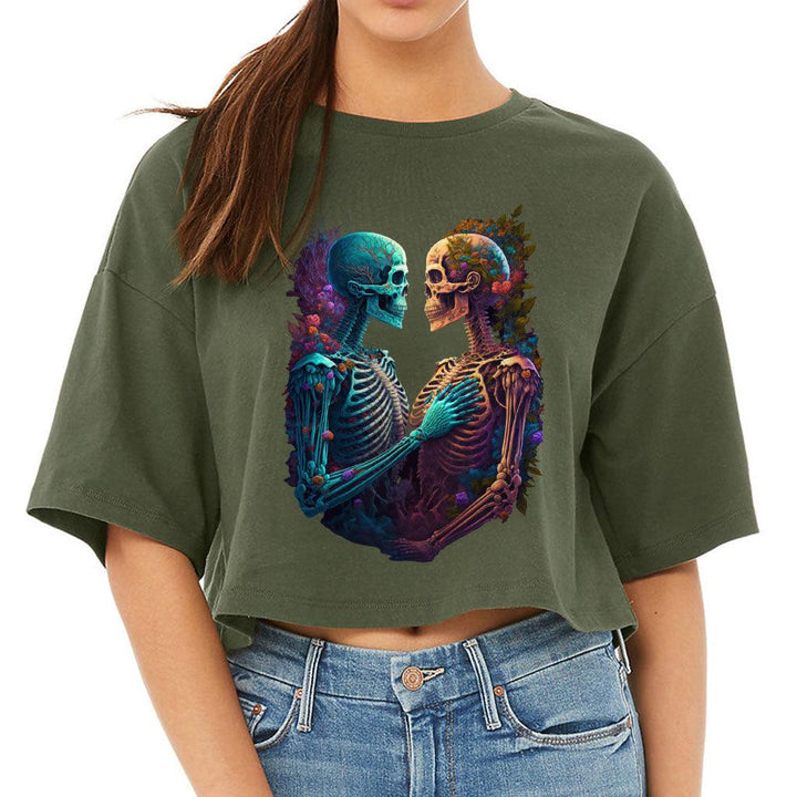 Skeleton Couple Women's Crop Tee Shirt - Floral Cropped T-Shirt - Printed Crop Top - MRSLM