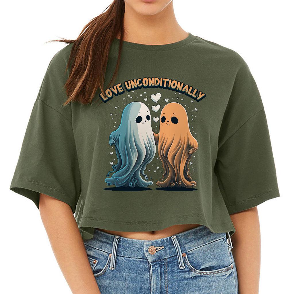Love Unconditionally Women's Crop Tee Shirt - Ghost Print Cropped T-Shirt - Graphic Crop Top - MRSLM
