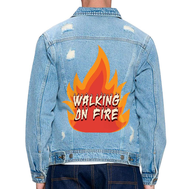 Fire Graphic Men's Distressed Denim Jacket - Cool Design Denim Jacket for Men - Illustration Denim Jacket - MRSLM