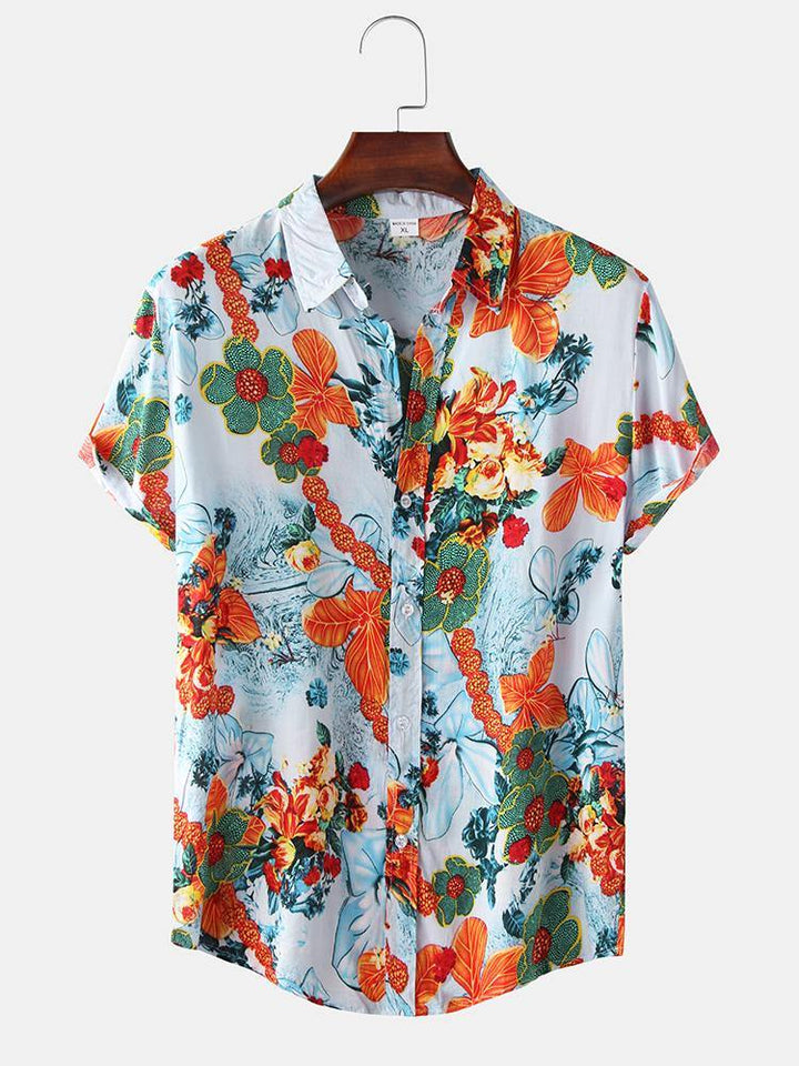 Mens Cotton Floral Oil Printing Turn Down Collar Short Sleeve Shirts - MRSLM