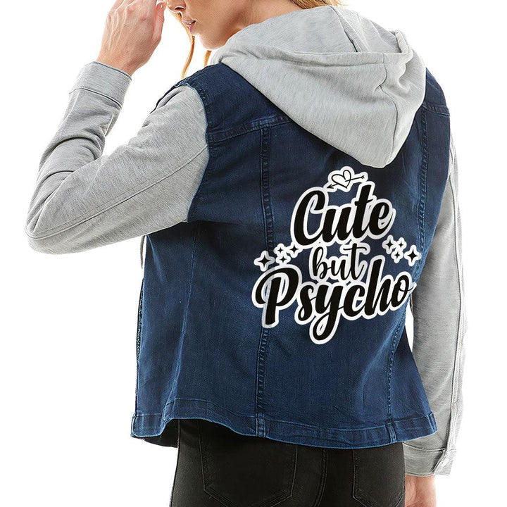 Cute but Psycho Ladies Denim Jacket with Fleece Hoodie - Cool Women's Denim Jacket - Cute Design Denim Jacket - MRSLM