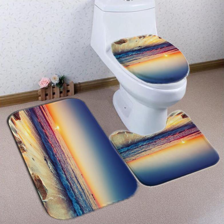 Waterproof Shower Curtain Non-Slip Rug Three Set Bathroom Decor Blue Ocean Sunset - MRSLM