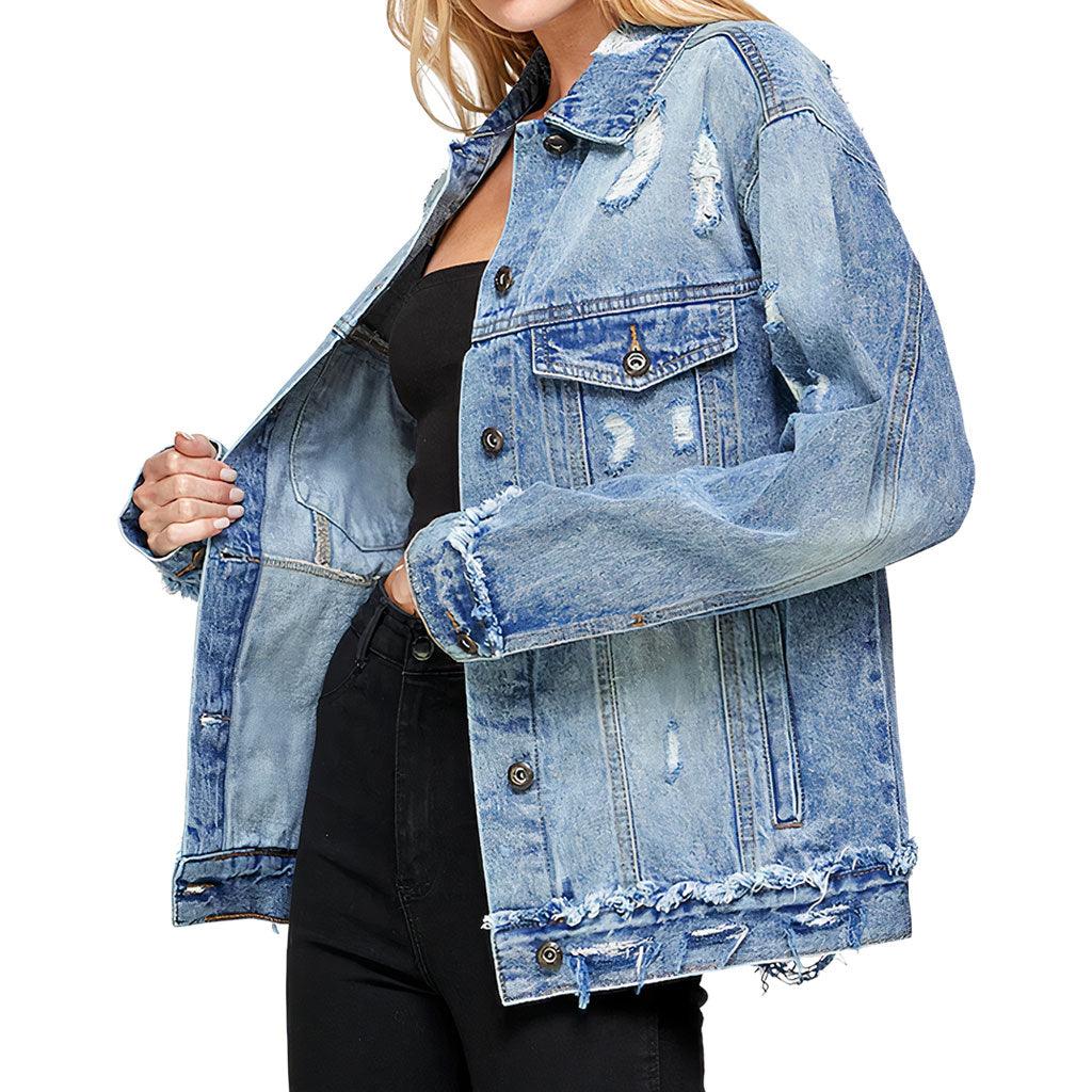 Status Happy Women's Oversized Denim Jacket - Cute Ladies Denim Jacket - Printed Denim Jacket - MRSLM