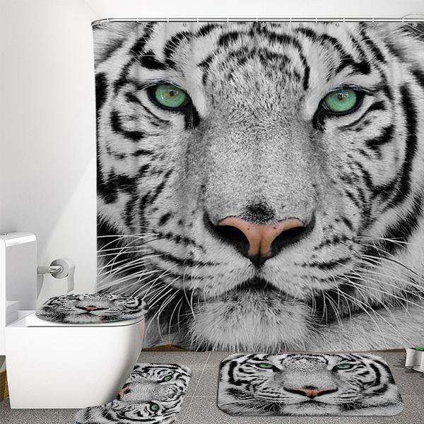 4PCS White Tiger Animal Style Shower Curtain Bathroom Carpet Rug Toilet Cover Mats Decoration - MRSLM